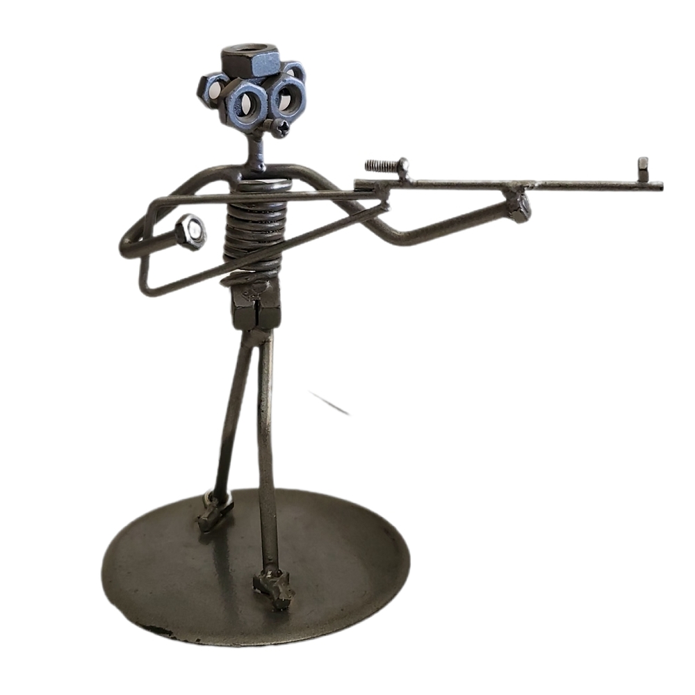 Steampunk Metal Art Sculpture From Nuts & Bolts Person Holding Riffle